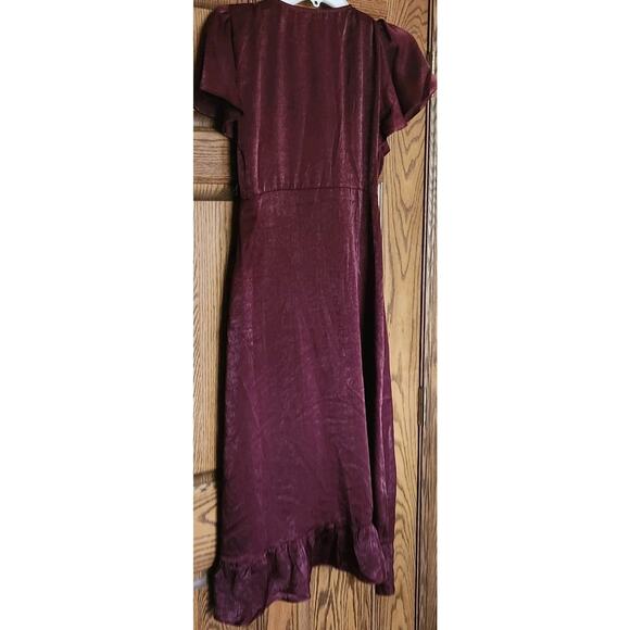 Audrey Parks Francesca’s Wrap Dress S Wrap Burgundy Ruffle Satin Flutter - Picture 6 of 7
